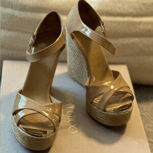 Jimmy Choo Wedge ESPADRILLES Nude Patent Leather sandals size 37.5